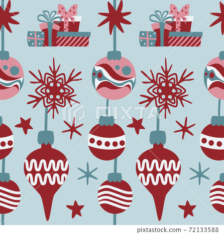 Christmas seamless pattern with decorative baubles, stars, snowflakes and gift boxes Christmas seamless pattern with decorative baubles, stars, snowflakes and gift boxes 72133588