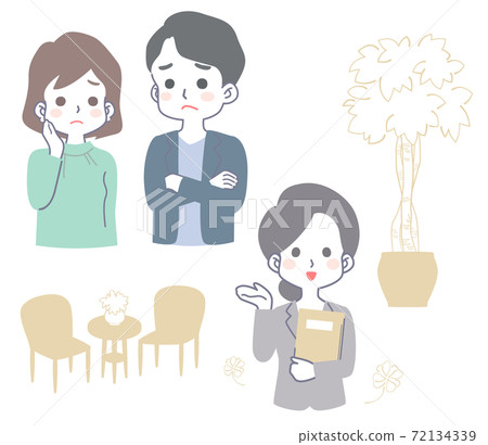 Young couples with troubled faces and female staff who respond with a smile Young couples with troubled faces and female staff who respond with a smile 72134339
