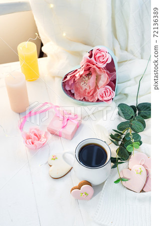 Valentine's day romantic breakfast wuth gingerbread Heart with icing and cup of coffe 72136389