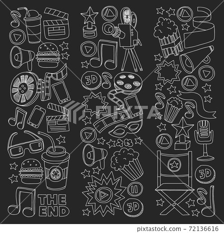 Movie, cinema set. Pattern doodle background with vector icons. Movie, cinema set. Pattern doodle background with vector icons. 72136616