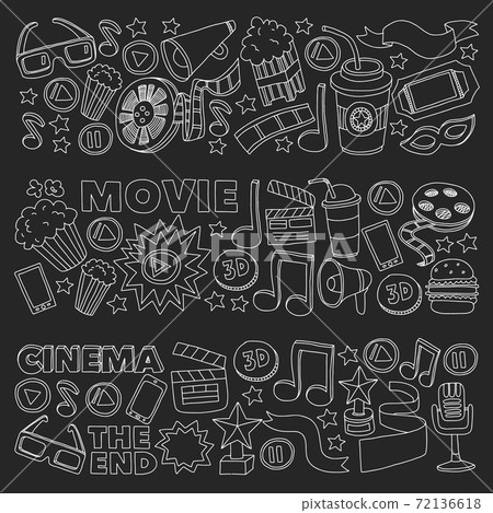 Movie, cinema set. Pattern doodle background with vector icons. Movie, cinema set. Pattern doodle background with vector icons. 72136618