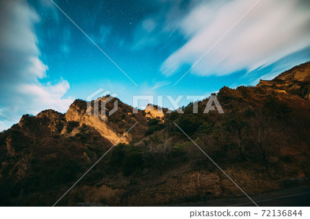 Mtskheta, Georgia. Autumn Night Starry Sky With Glowing Stars Above Limestone Canyon Mtskheta, Georgia. Autumn Night Starry Sky With Glowing Stars Above Limestone Canyon 72136844