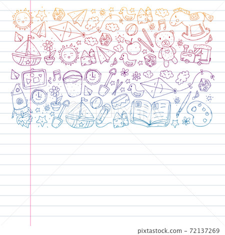 Kindergarten with toys. Pattern for children. Little preschool kids education. Drawing, learning, play Kindergarten with toys. Pattern for children. Little preschool kids education. Drawing, learning, play 72137269