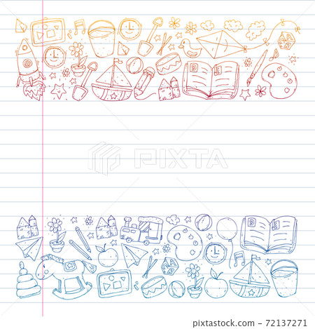Kindergarten with toys. Pattern for children. Little preschool kids education. Drawing, learning, play Kindergarten with toys. Pattern for children. Little preschool kids education. Drawing, learning, play 72137271