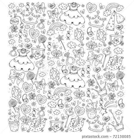 Princess birthday party for little girls. Kindergarten, school children picture. Illustration for children with castle, fairy, dress, crown. Princess birthday party for little girls. Kindergarten, school children picture. Illustration for children with castle, fairy, dress, crown. 72138085