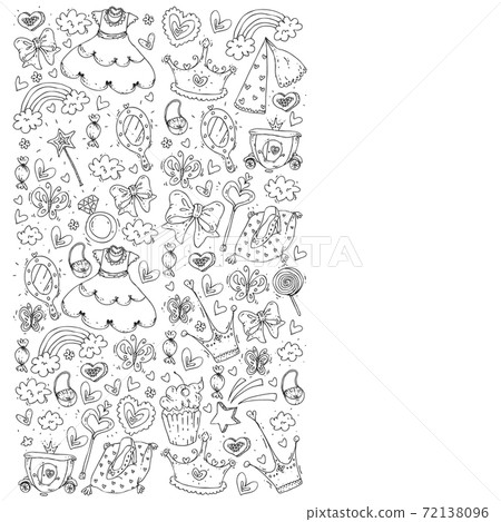 Princess birthday party for little girls. Kindergarten, school children picture. Illustration for children with castle, fairy, dress, crown. Princess birthday party for little girls. Kindergarten, school children picture. Illustration for children with castle, fairy, dress, crown. 72138096