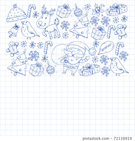 Christmas winter party. Happy new year. Bullfinch, Santa Claus, snowman, deer. Presents and candy. Christmas winter party. Happy new year. Bullfinch, Santa Claus, snowman, deer. Presents and candy. 72138919