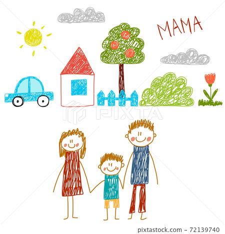 Happy family with house. Kids drawing. Kindergarten children illustration. Mother, father, sister, brother. Parents, childhood. Happy family with house. Kids drawing. Kindergarten children illustration. Mother, father, sister, brother. Parents, childhood. 72139740