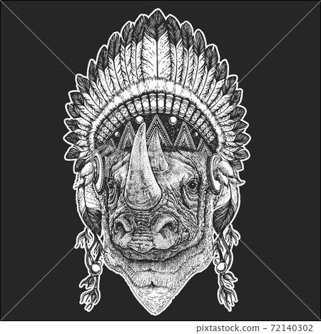 Rhinoceros, rhino portrait. Head of wild animal. Indian tribal traditional headdress with feathers. 72140302