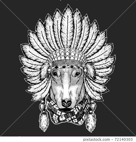 Bullterrier, dog. Indian tribal traditional headdress with feathers. 72140303