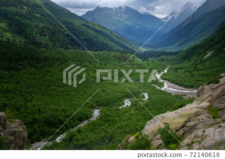 Green river valley canyon wide summer panorama North Caucasus 72140619