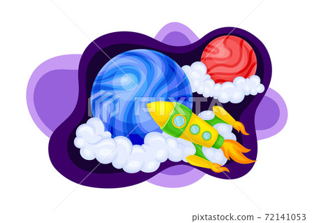 Fluid Purple Shape with Solar System Planet and Flying Space Ship Vector Illustration Fluid Purple Shape with Solar System Planet and Flying Space Ship Vector Illustration 72141053