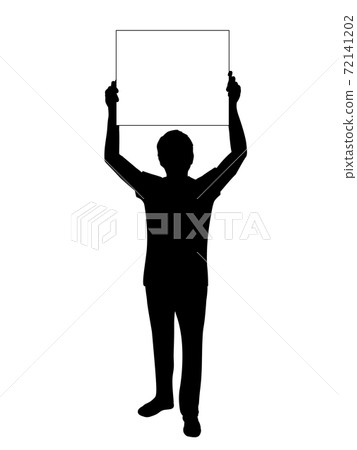 Silhouette men holds banner placard blank white sheet for text space Silhouette men holds banner placard blank white sheet for text space 72141202