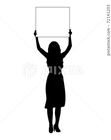 Silhouette woman holds banner placard blank white sheet for text space Silhouette woman holds banner placard blank white sheet for text space 72141203