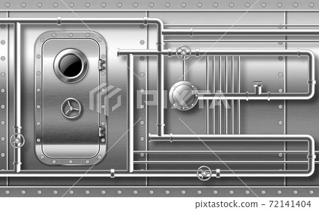 Metal door with porthole on wall with pipes 3d 72141404