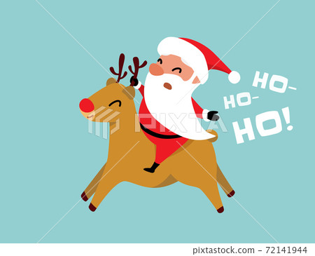 Christmas Santa Claus rides a reindeer and shouts ho-ho-ho. Winter holiday mood vector background Christmas Santa Claus rides a reindeer and shouts ho-ho-ho. Winter holiday mood vector background 72141944