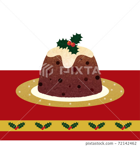 聖誕布丁_金邊盤子_ hi木絲帶紅色桌布_背景白色_手繪_彩色鉛筆觸摸插圖 72142462