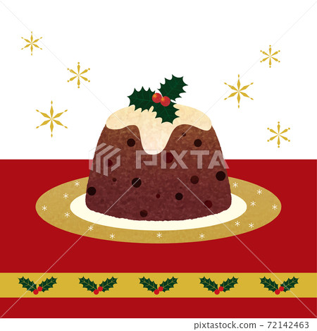 聖誕布丁_金邊盤子_ hi木絲帶紅色桌布_背景雪_手繪_彩色鉛筆觸摸插圖 72142463