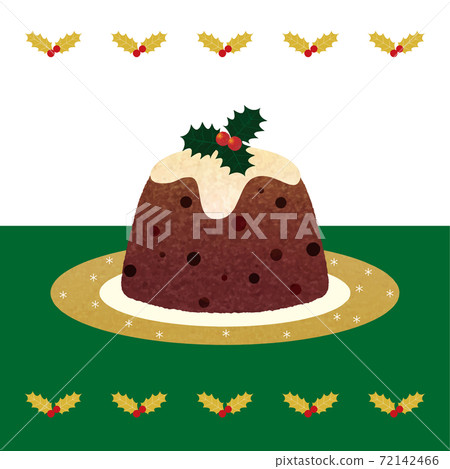 聖誕布丁_金邊板_綠桌布_冬青圖案_冬青裝飾格紋_手繪_彩色鉛筆觸摸插圖 72142466