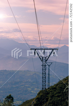 High voltage overhead power line towers. 72142592