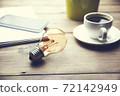 bulb, coffee, phone on table 72142949