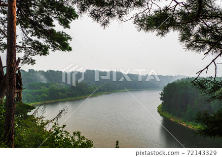 Amazing Foggy River and Forest Landscape 72143329