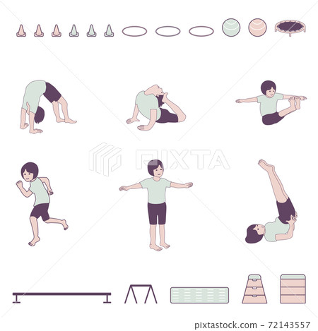 Exercise equipment mat, balance beam, horizontal bar, vaulting box, trampoline, hula hoop, balance ball, illustration set Exercise equipment mat, balance beam, horizontal bar, vaulting box, trampoline, hula hoop, balance ball, illustration set 72143557
