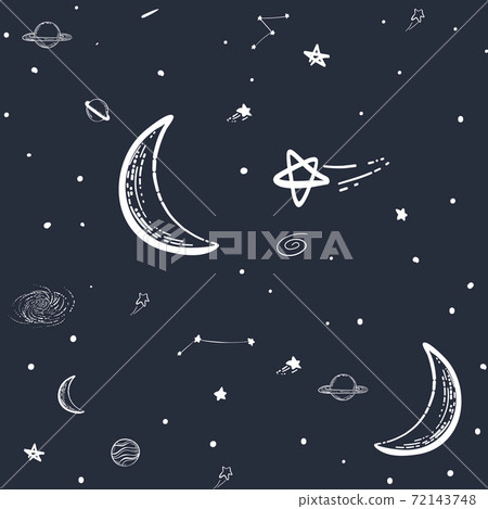 Stylized night sky seamless pattern with moon shining stars, planets, Dark hand drawn background. doodle sketch. Wrapping paper. 72143748