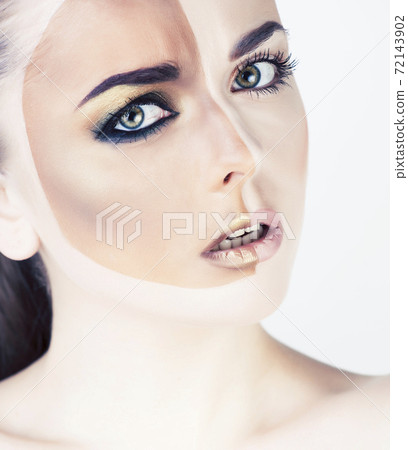 half faced woman with creative makeup like before sunbathe and after isolated on white 72143902