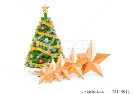 Christmas tree with 5 five golden stars concept, 3D rendering 72144612