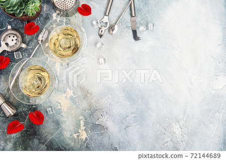 Valentines Day Flatlay background champagne red rose flower Valentines Day Flatlay background champagne red rose flower 72144689