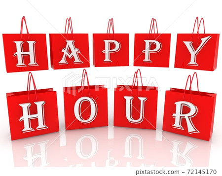 Red color shopping bags with inscription happy hour 72145170