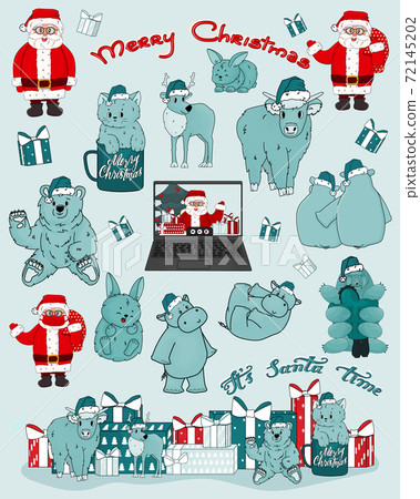 Christmas set of Santa Claus, bear, hippo, cow, kitten, deer, New Year gifts, laptop, video call, mask, tardigrade, rabbit in blue red, white colors Christmas set of Santa Claus, bear, hippo, cow, kitten, deer, New Year gifts, laptop, video call, mask, tardigrade, rabbit in blue red, white colors 72145202