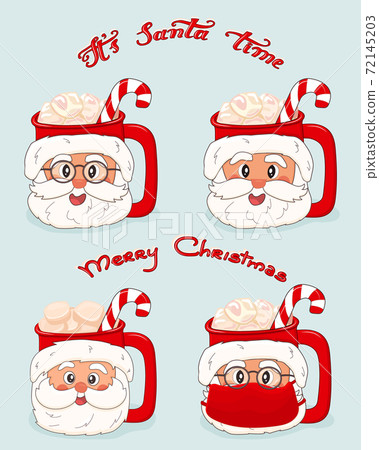 Set of cups with Santa Claus faces in glasses and mask from virus with marshmallows and red white lollipop. Its Santa time and Merry Christmas lettering Set of cups with Santa Claus faces in glasses and mask from virus with marshmallows and red white lollipop. Its Santa time and Merry Christmas lettering 72145203