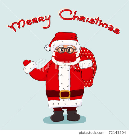Santa Claus has mask and glasses, stands and waves his hand with red bag on the back 72145204