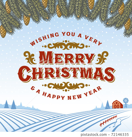 Vintage Merry Christmas Greeting Card. Editable EPS8 vector illustration in retro woodcut style with clipping mask. Vintage Merry Christmas Greeting Card. Editable EPS8 vector illustration in retro woodcut style with clipping mask. 72146335