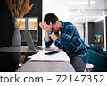 Sleepy exhausted man working at home with laptop, sleep deprivation and overtime working concept 72147352