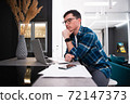 Young man drawing template for the web site associated with digital marketing, current trends and tendencies of UX UI design. Businessman who rules his company remotely, like a freelancer 72147373