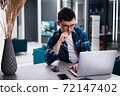 Portrait of a thoughtful young businessman working remotely from home using laptop 72147402