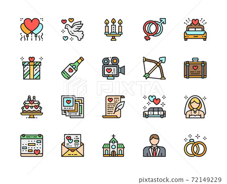 Set of Wedding Flat Color Line Icons. Bridal Bed, Limousine, Bridegroom and more Set of Wedding Flat Color Line Icons. Bridal Bed, Limousine, Bridegroom and more 72149229