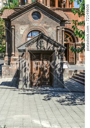 The entrance to the tomb with the relics of Saint Ananias, with carved figures of the Holy apostles on the wooden doors, under the chapel in the Zoravor Church in Yerevan The entrance to the tomb with the relics of Saint Ananias, with carved figures of the Holy apostles on the wooden doors, under the chapel in the Zoravor Church in Yerevan 72149606
