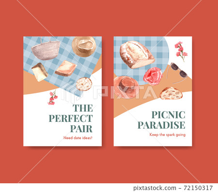 Invitation card template with European picnic concept design for party and meeting watercolor vector illustration. Invitation card template with European picnic concept design for party and meeting watercolor vector illustration. 72150317