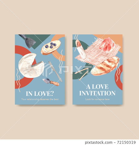 Invitation card template with European picnic concept design for party and meeting watercolor vector illustration. Invitation card template with European picnic concept design for party and meeting watercolor vector illustration. 72150319