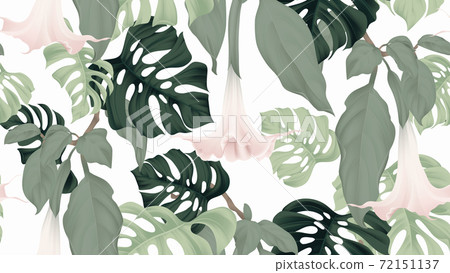 Floral seamless pattern, Brugmansia or Angels trumpet flowers and split-leaf Philodendron Floral seamless pattern, Brugmansia or Angels trumpet flowers and split-leaf Philodendron 72151137