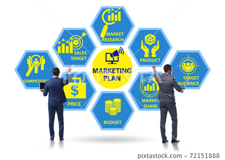 Marketing concept illustration with businessman pressing button Marketing concept illustration with businessman pressing button 72151888
