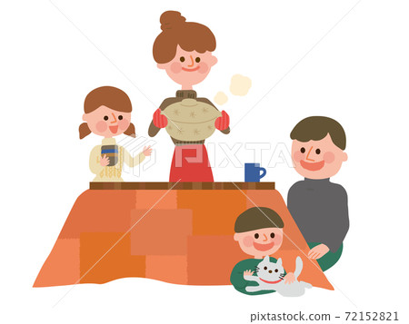 Family preparing to eat a hot pot with a kotatsu (mother, dad, girl, boy, cat) 72152821