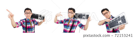 Computer nerd with keyboard isolated on white Computer nerd with keyboard isolated on white 72153241