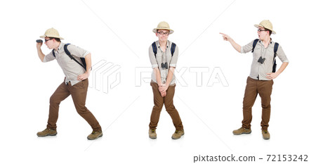 Man in safari hat in hunting concept Man in safari hat in hunting concept 72153242
