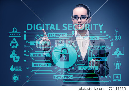 Digital security concept with businessman pressing button Digital security concept with businessman pressing button 72153313