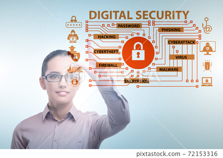 Digital security concept with businesswoman pressing button 72153316